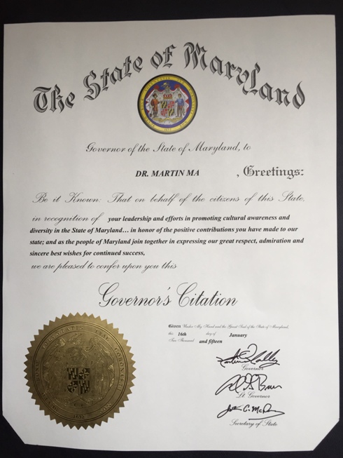 Maryland Governor 2015 Leadership Award to Dr. Ma